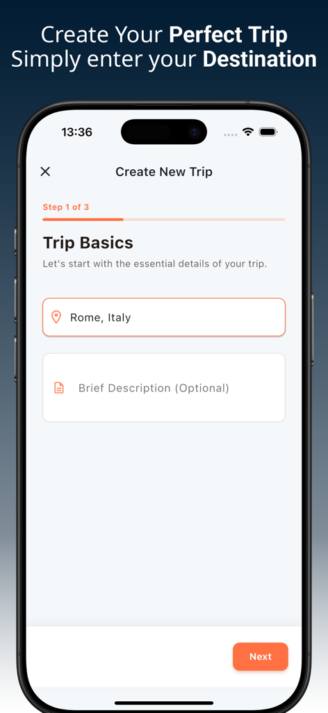 GoPlan - AI Travel Planner - GoPlan app interface for entering trip destination details