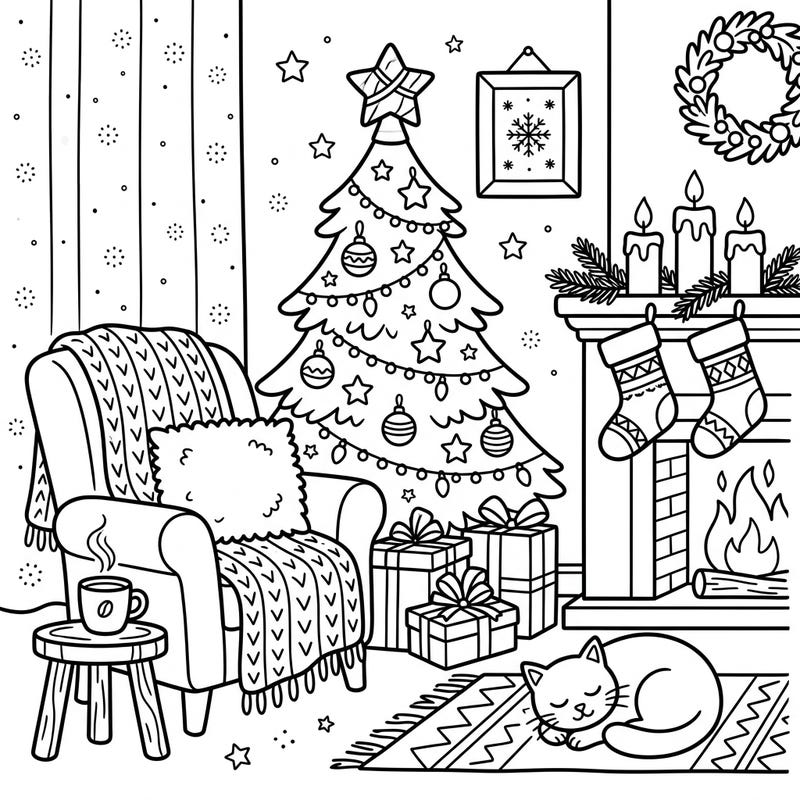 Step into a warm and festive Christmas home with this delightful coloring page, perfect for kids. Featuring a beautifully decorated tree, cozy armchair, and a sleepy cat, it's an enchanting scene waiting for vibrant colors.
