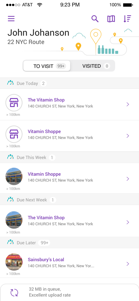 Trax Retail app screen showing scheduled store visits and route planning for a retail field representative