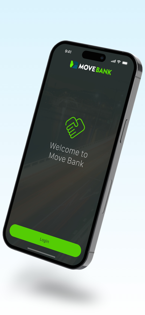 MOVE Bank App - Welcome screen of the MOVE Bank mobile app with a green login button