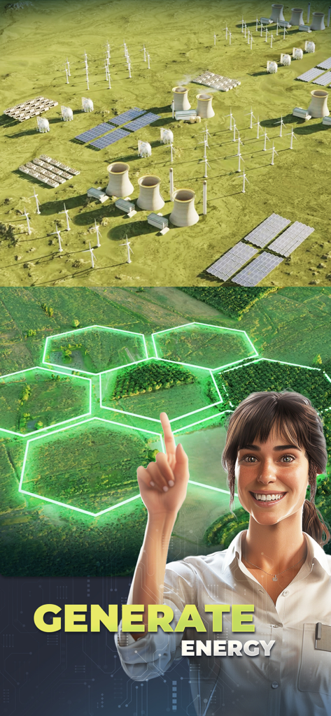 Energy Manager - 2025 - Eine Frau zeigt auf eine hexagonale Energienetzkarte über einer Landschaft mit Windturbinen, Solarmodulen und Kühltürmen