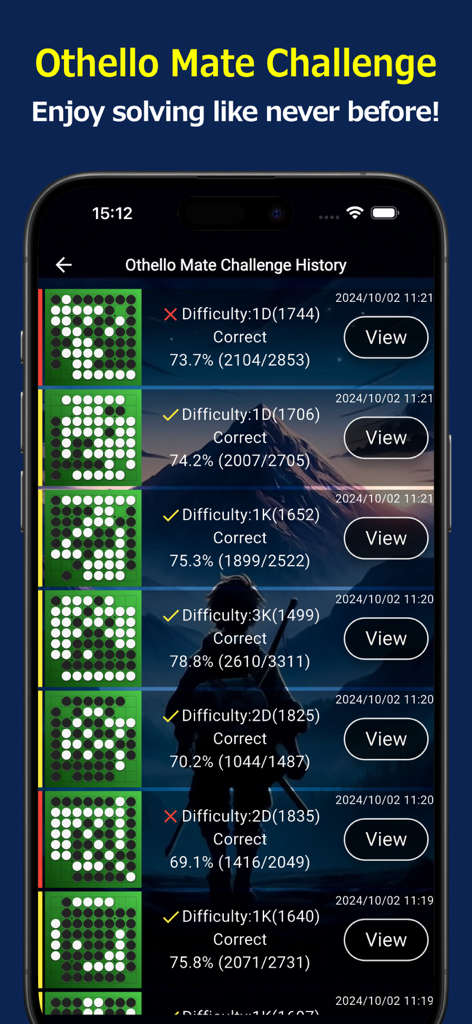 Othello Quest - Online Othello - Tela de histórico de Othello Mate Challenge com níveis de dificuldade de quebra-cabeça e taxas de sucesso