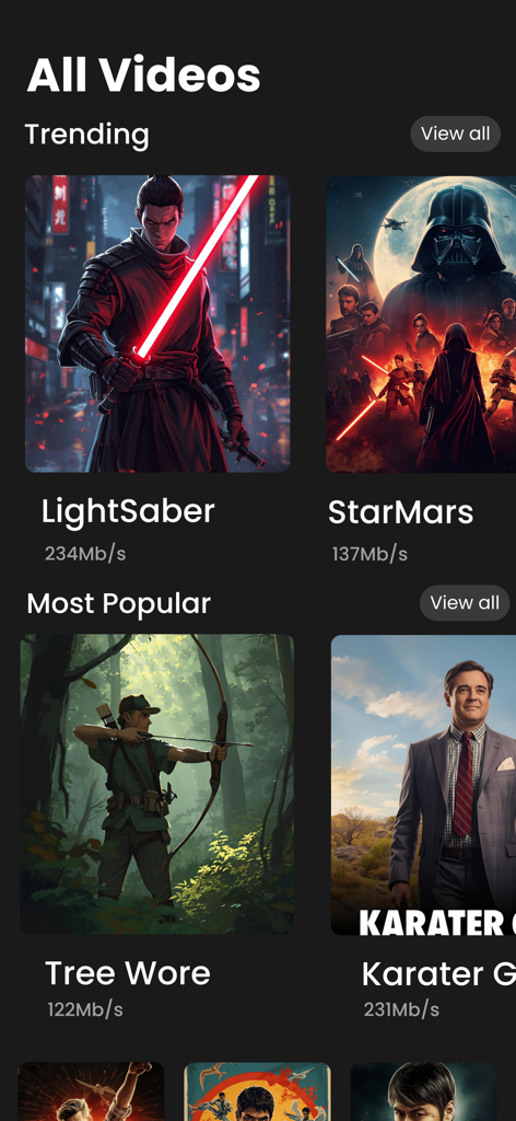 Mobile app interface showing a gallery of trending and popular videos with movie style thumbnails