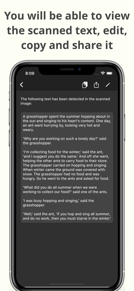 A smartphone displaying scanned text with options to edit copy and share within the OCR Text Scanner app
