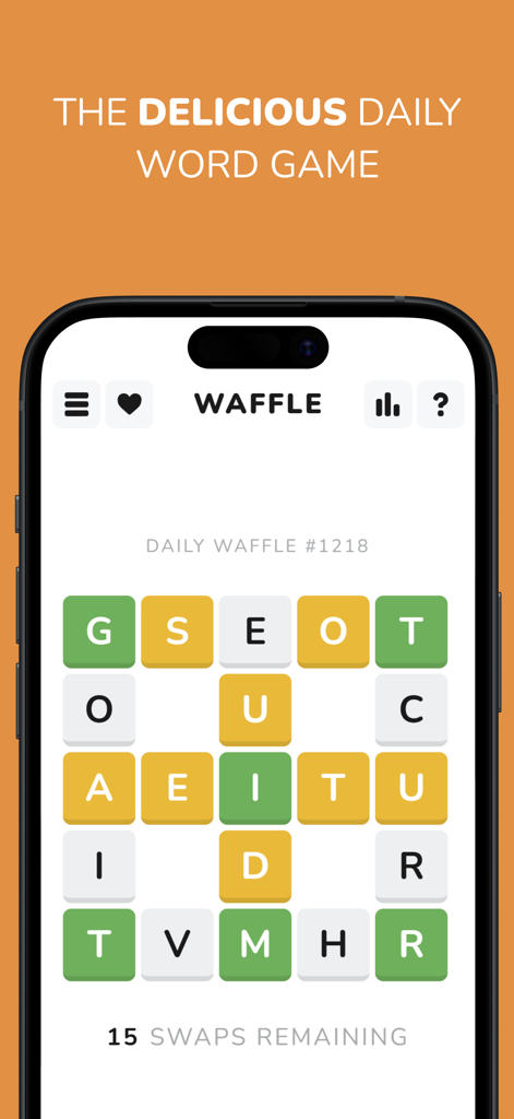 Schermata dello smartphone che mostra la griglia del puzzle del gioco di parole giornaliero Waffle con tessere lettera e conteggio scambi.