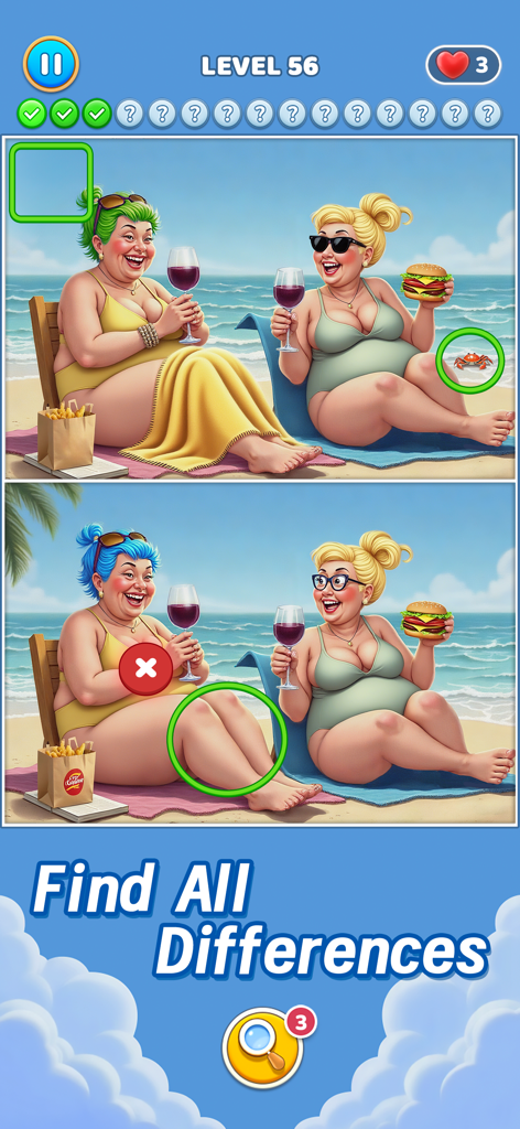 Differences - Spot & Search It - Gameplay screenshot of Differences Spot and Search It showing two women relaxing on a beach with circled differences.