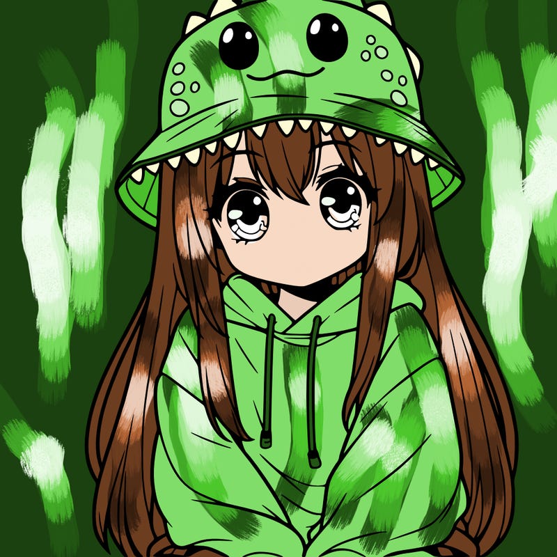 girl with anime shaped eyes with a dinosaur bucket hat oversized sweatshirt long straight hair