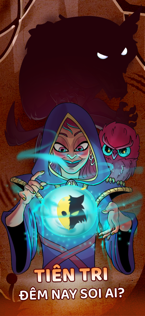Werewolf Online - Full Moon - Seer character in Werewolf Online holding a glowing crystal ball with a werewolf shadow in the background