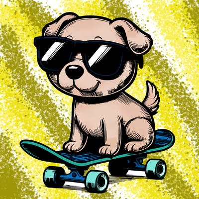 realistic, dog riding a skateboard wearing sunglasses