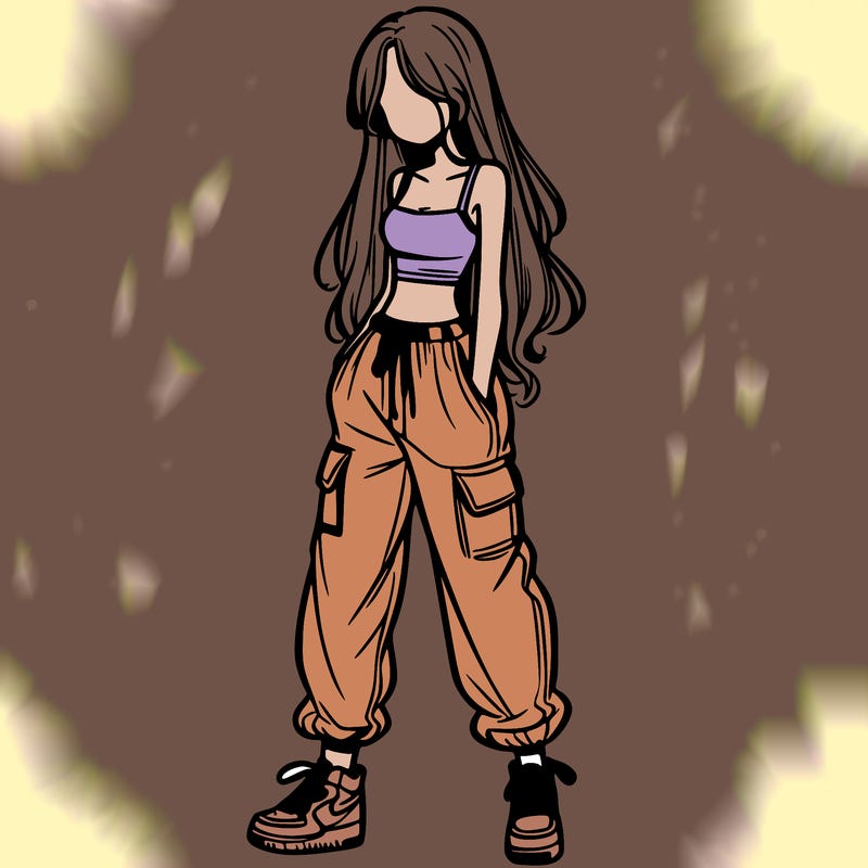 girl in baggy pants crop top and long hair