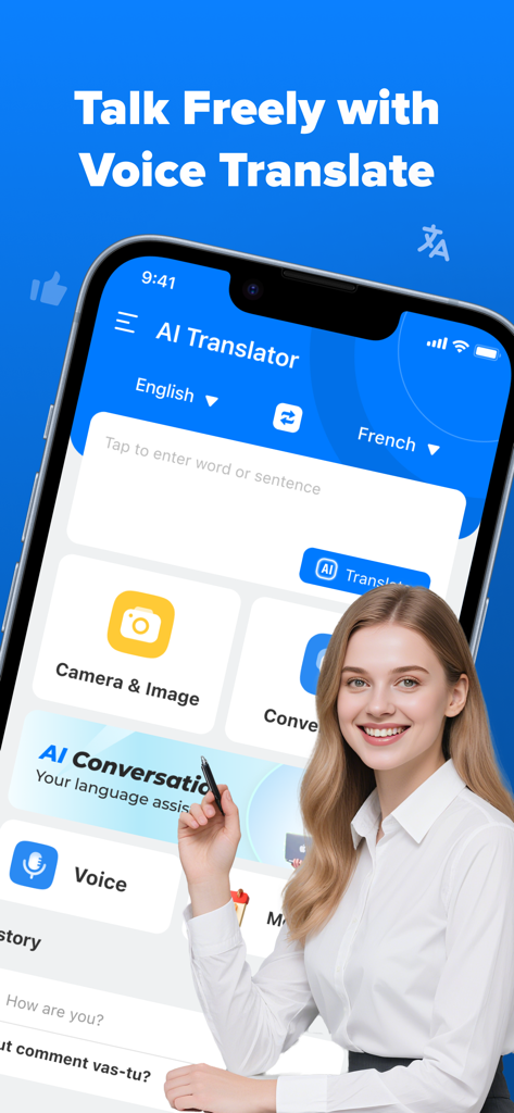 Smartphone screen displaying the AI Translator app interface with options for voice and camera translation
