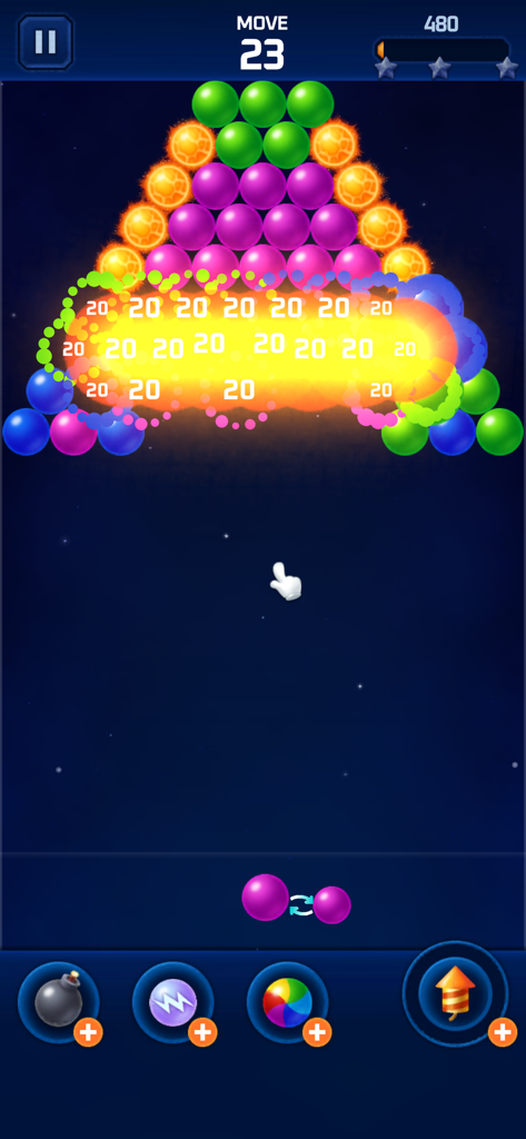 Bubble Star Plus : BubblePop! - In-game screenshot of Bubble Star Plus showing a bubble shooter puzzle with colorful bubbles and explosions