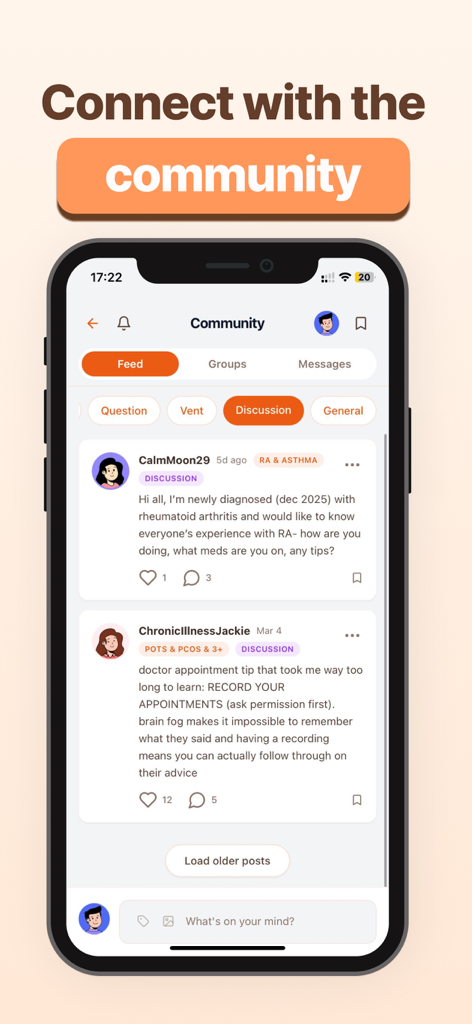 Mobile screen showing the Juno app community feed where chronic illness patients share support and advice