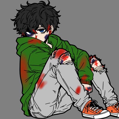 a male hoddie ripped jeans messy hair anime