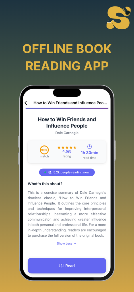 English Book Read : Storifine - Storifine app screen showing a book summary of How to Win Friends and Influence People with an offline reading headline.