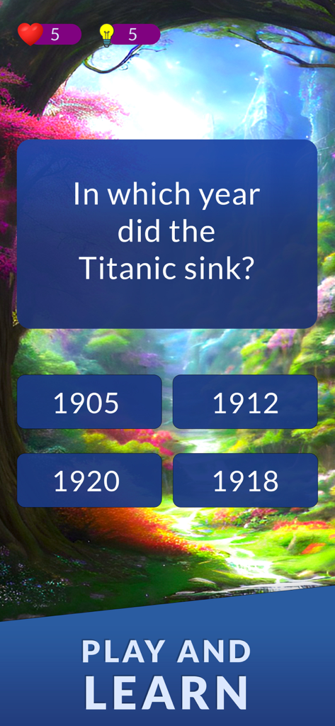 Uma pergunta de trivia de história sobre o Titanic no aplicativo QuiDiDo.