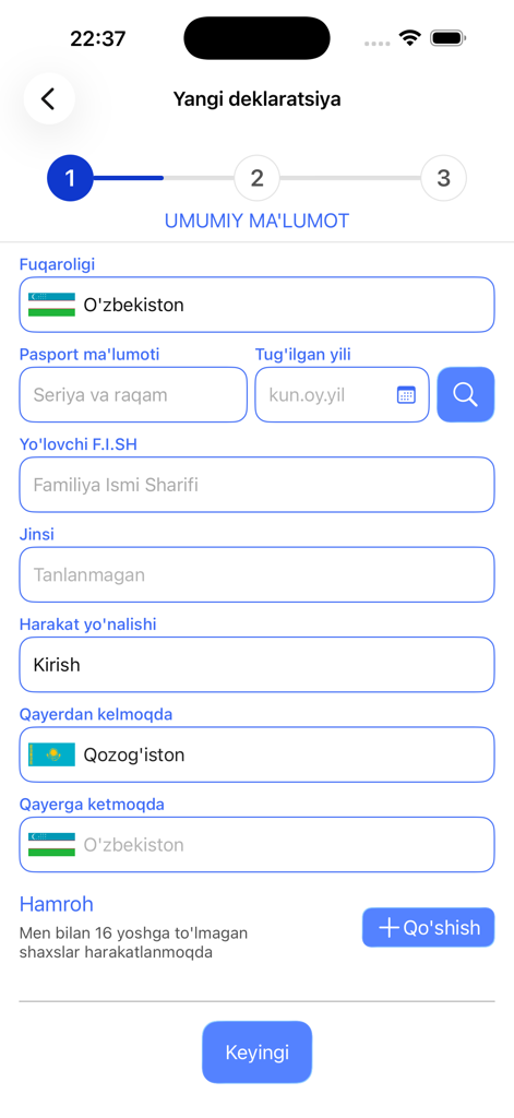 Yo'lovchi deklaratsiyasi - Step 1 of the Uzbekistan passenger customs declaration form showing personal and travel information fields.