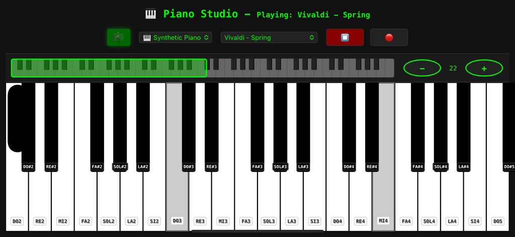 Interface de piano digital do Piano Studio Mobile tocando "Primavera" de Vivaldi com teclas rotuladas e controles de gravação.