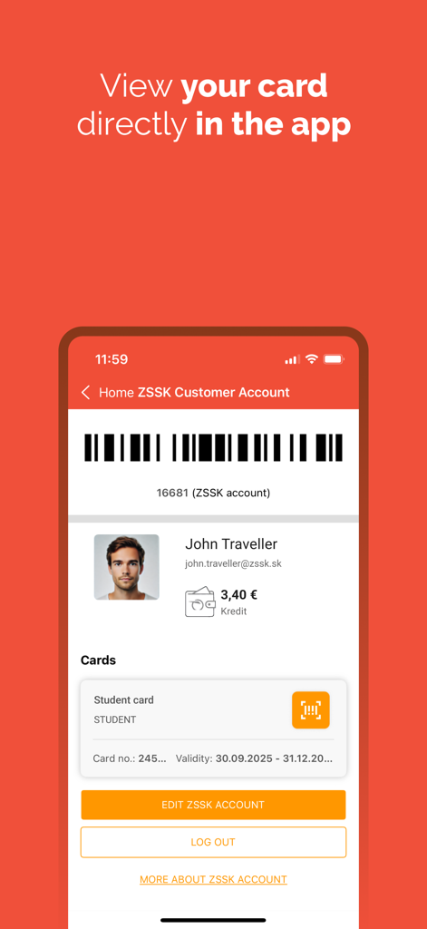 IDeme vlakom - Digital customer account screen in the IDeme vlakom app displaying a barcode and student card