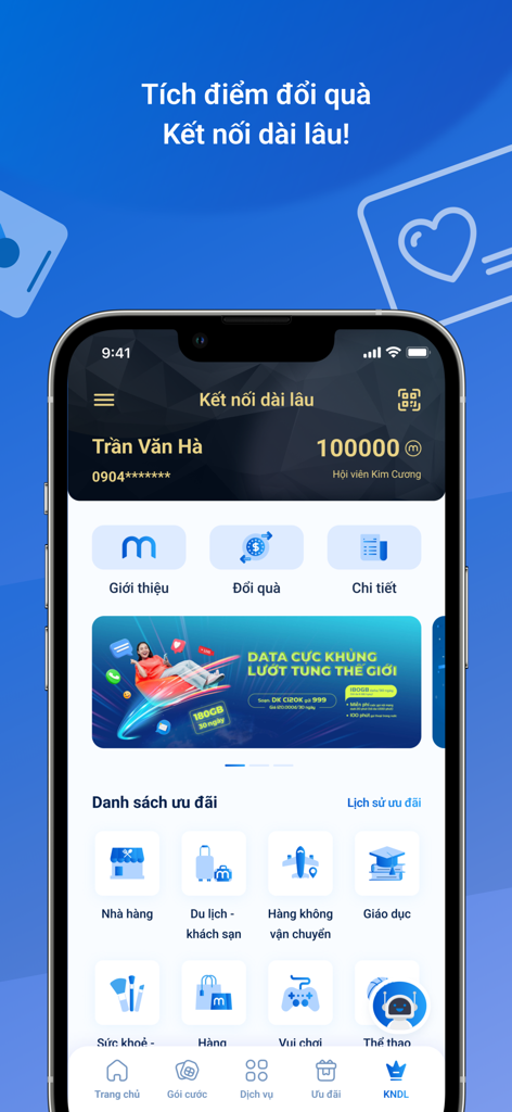 Interfaz de la aplicación My MobiFone que muestra el programa de fidelidad Ket Noi Dai Lau con el saldo de puntos y las categorías de recompensas.