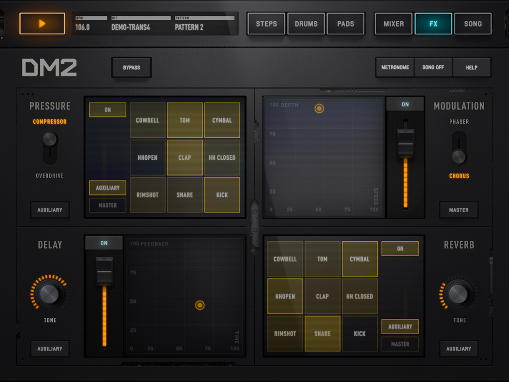 The effects section of the DM2 drum machine app featuring compressor modulation delay and reverb controls
