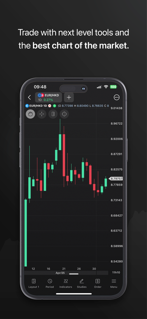 BlackArrow mobile app displaying a professional candlestick trading chart with technical analysis tools