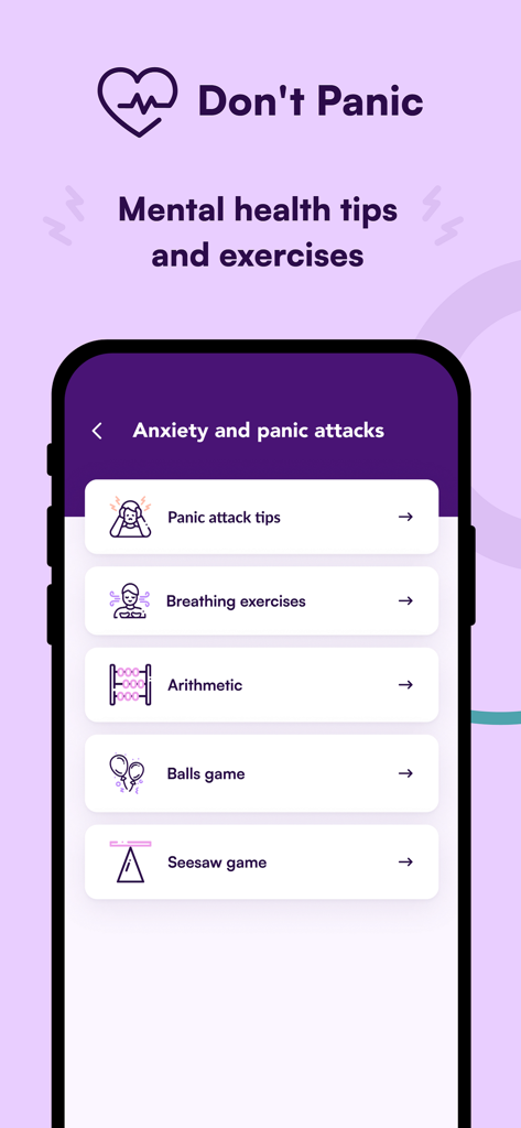Interface of the Don't Panic app showing a menu for anxiety and panic attack relief tools like breathing exercises and games.