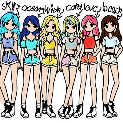 a group of girls wearing crop tops and shorts
