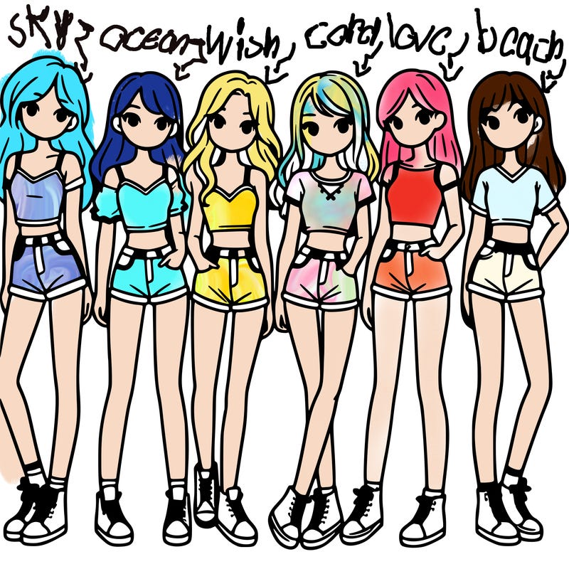 a group of girls wearing crop tops and shorts