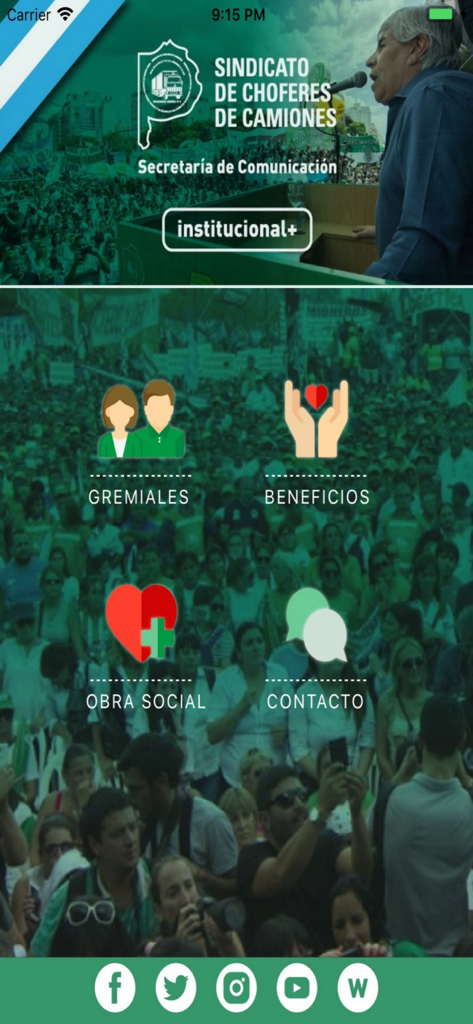 CamionerosBA app home screen showing menu options for union services healthcare and benefits