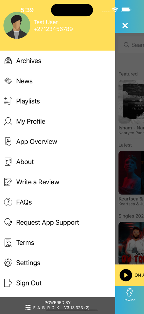 SBC Radio - SBC Radio app sidebar menu showing navigation options like Archives, News, Playlists, and Settings.