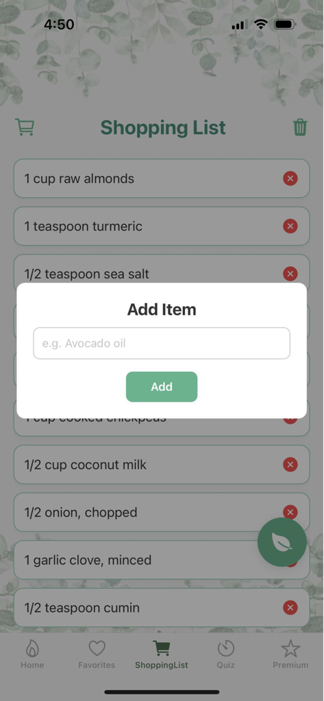 Anti Inflammatory Diet. App - Shopping list interface in an anti-inflammatory diet app