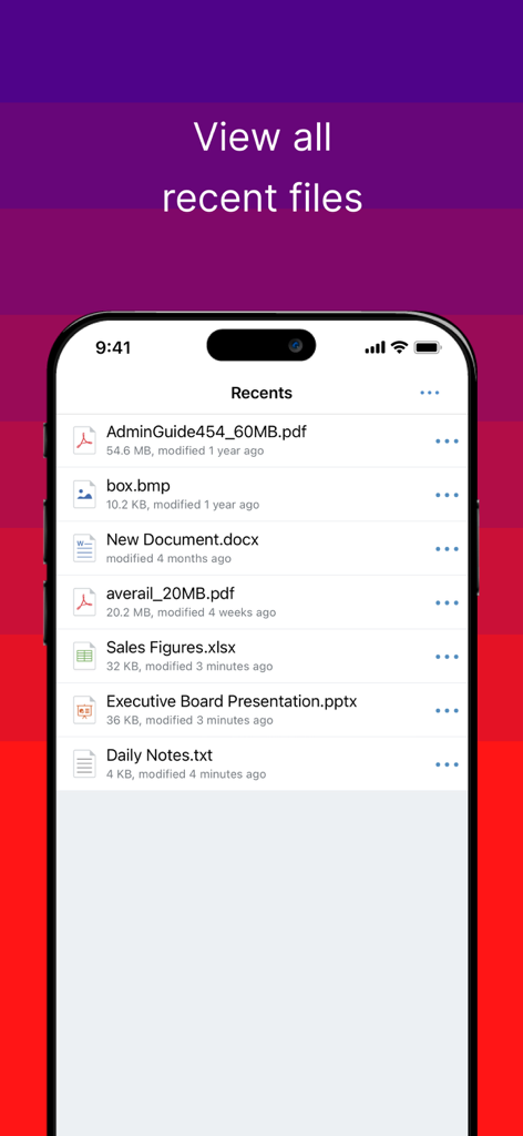 Smartphone screen showing a list of recent business documents in the Ivanti Docs@Work app