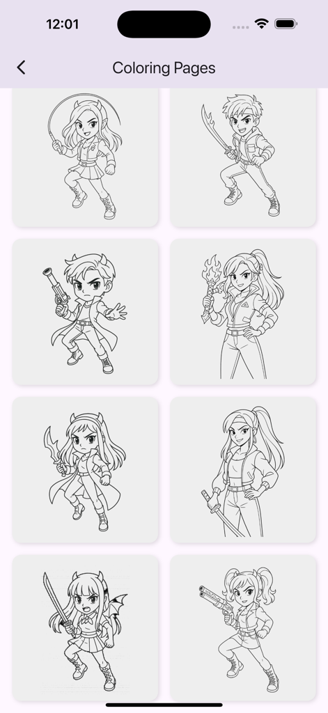 Kpop Quiz & Coloring Game - A gallery of anime-style character line drawings for coloring in the Kpop Quiz and Coloring Game