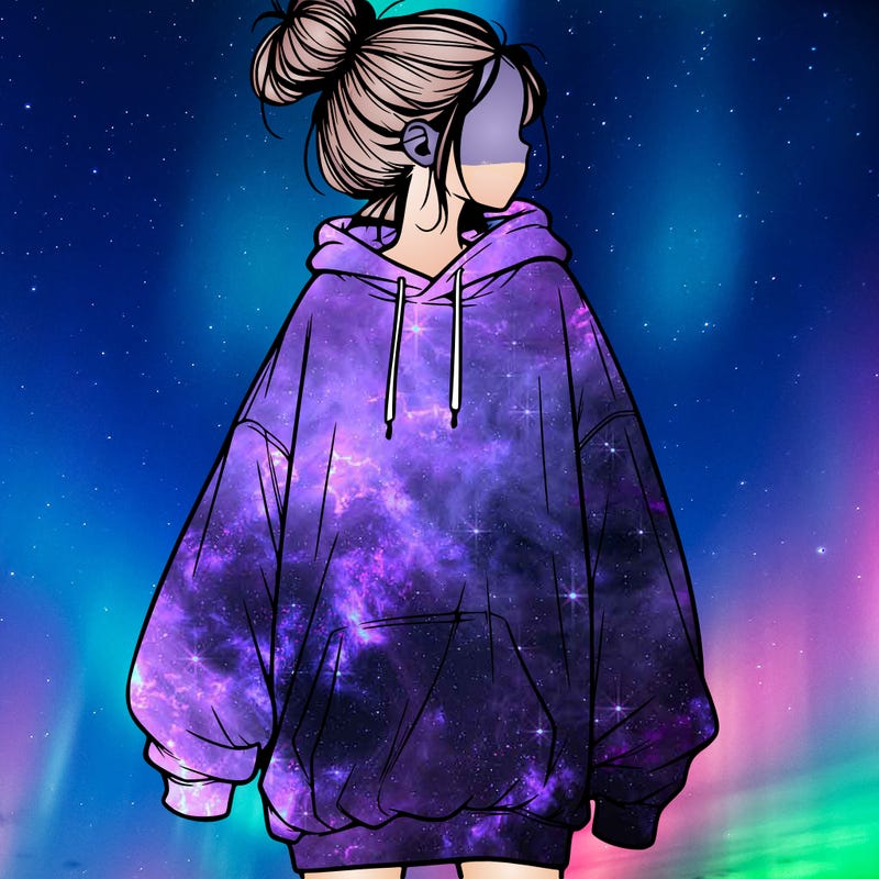 realistic girl with a oversized sweatshirt on and a bun