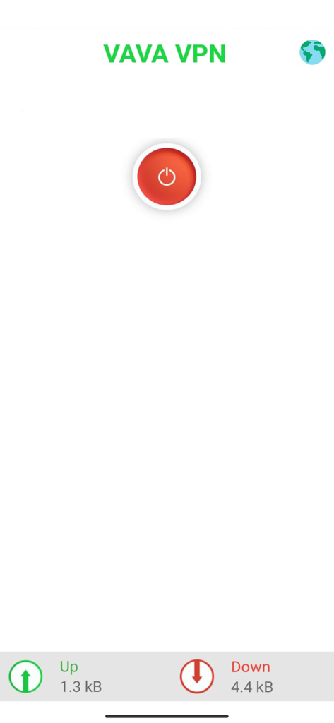 Vava VPN - Interfaz de Vava VPN que muestra el botón de encendido y las estadísticas de uso de datos