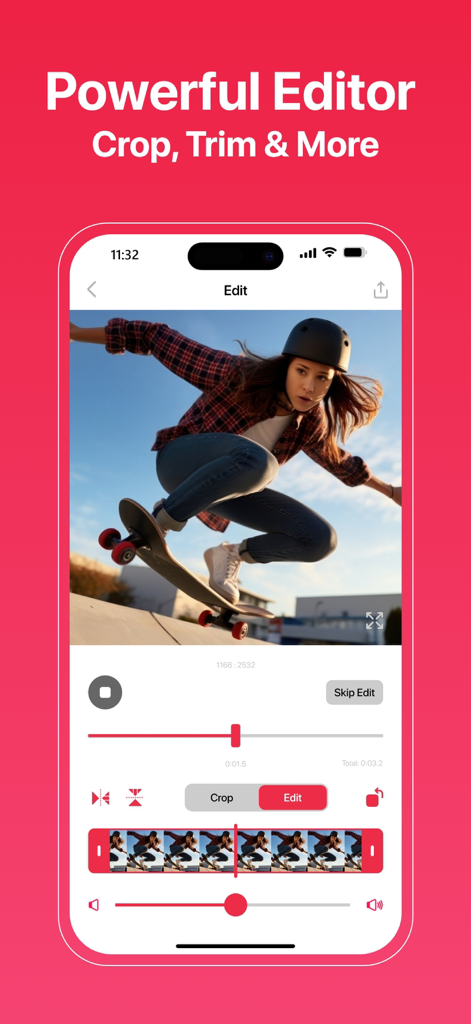 iPhone screen showing a powerful mobile video editor with crop and trim tools for creators