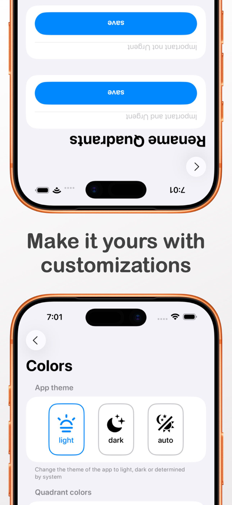 4.Do - Task, To do, Goal list - Interfaz de una aplicación móvil que muestra la configuración de temas y el cambio de nombre de cuadrantes para la aplicación de productividad 4.Do.