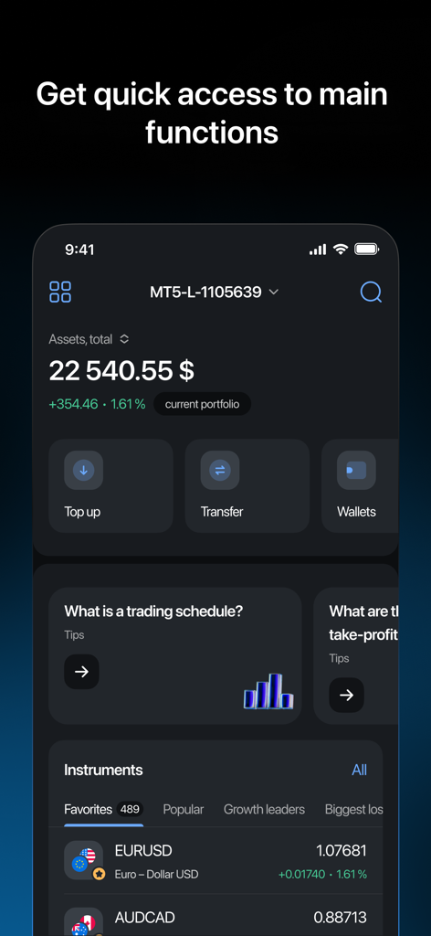 LiteFinance mobile app dashboard showing portfolio balance and financial instruments