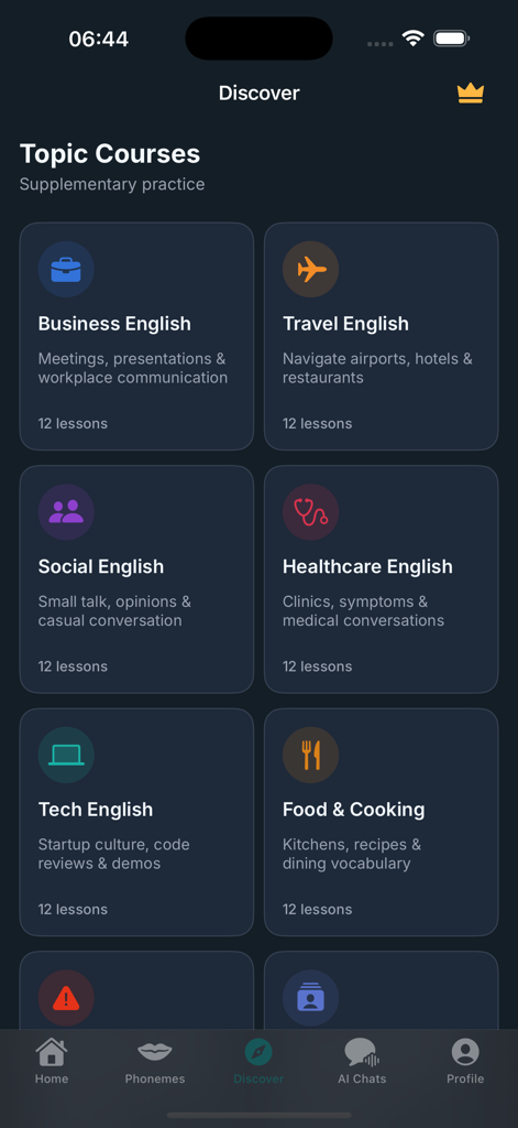 Accent Training - Captura de pantalla de la pestaña Descubrir en la aplicación Accent Training que muestra cursos de inglés especializados para Viajes de Negocios, Situaciones Sociales y Salud