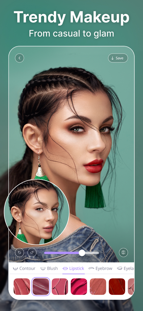 BeautyUp－AI Face & Body Editor - Interfaz de la app BeautyUp mostrando filtros de maquillaje IA como lápiz labial y contorno aplicados a un retrato de mujer.