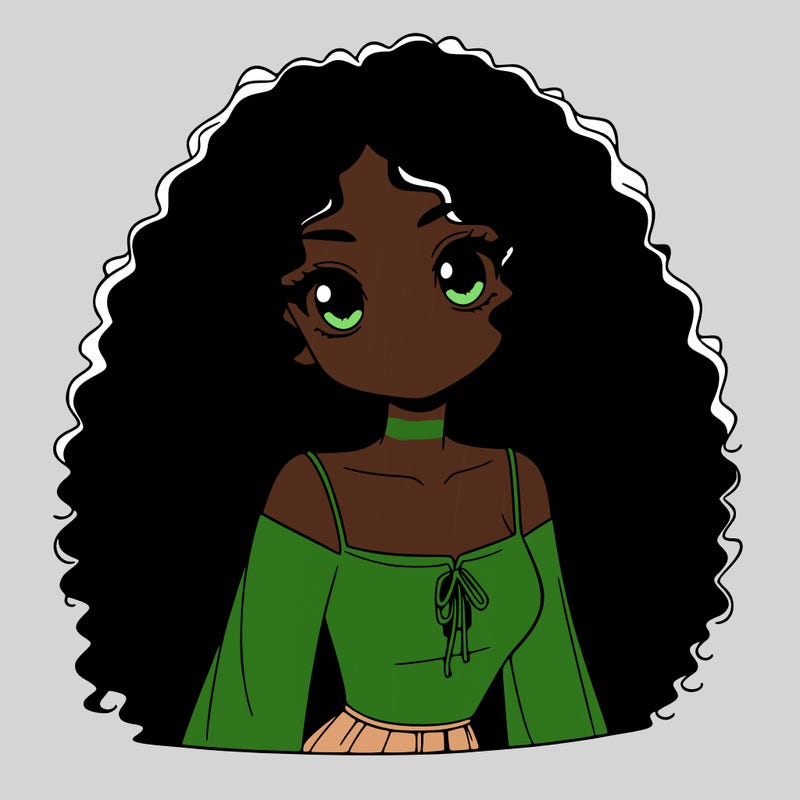 a black anime girl with long afro hair