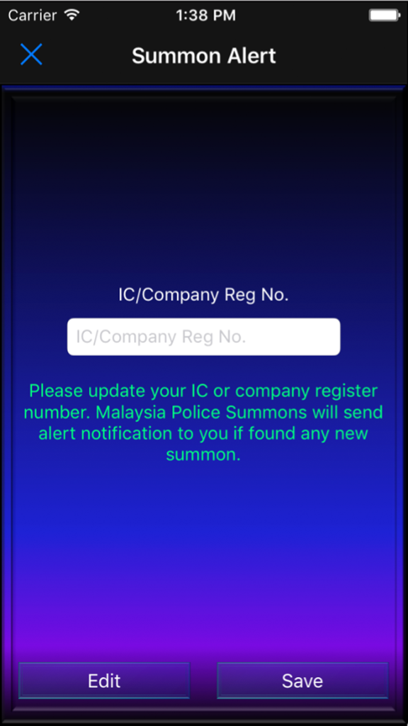 Malaysia Police Summons - The alert notification setup screen for the Malaysia Police Summons app where users can enter their IC or company registration number.