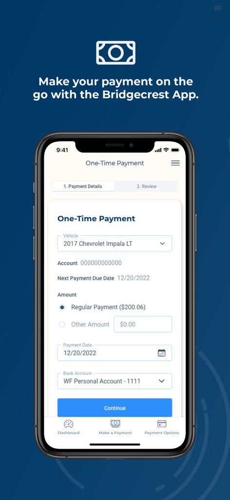 A mobile interface for the Bridgecrest app showing a one-time payment form for a vehicle loan.