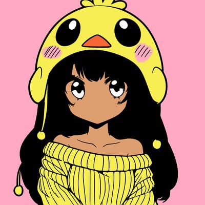 anime girl with chick shaped hat with sweater with bare shoulders with bangs covering them one eye with low tail