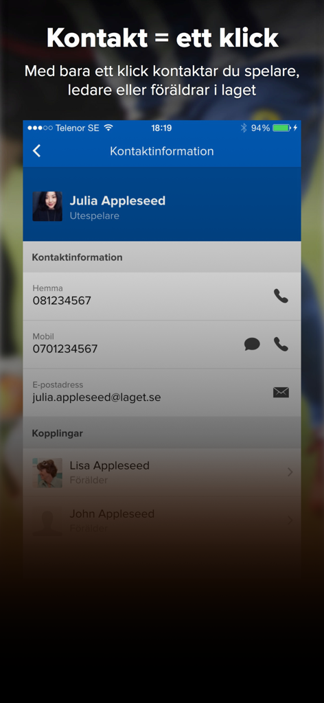 laget.se - Screenshot eines Spielerprofils in der laget.se App, das Kontaktinformationen wie Telefonnummern und E-Mail-Adressen anzeigt