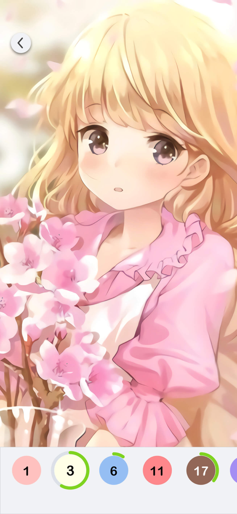 Anime Paint - Color By Number - Página de coloreado de una chica de anime con pelo rubio sosteniendo flores de cerezo rosas en la interfaz de la app Anime Paint
