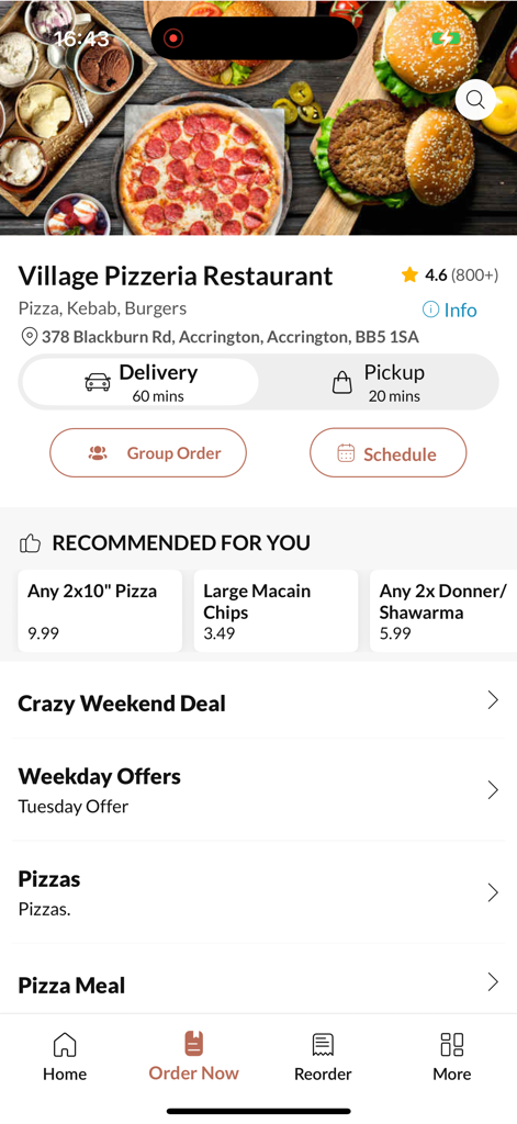 Village Pizzeria Accrington mobile app interface showing menu deals and ordering options