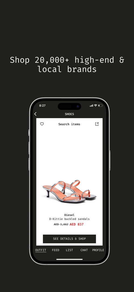 Smartphone screen showing Diesel sandals in the Get Outfit AI fashion stylist app