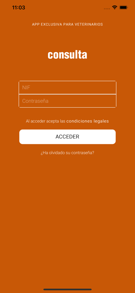 Pantalla de inicio de sesión para la aplicación profesional veterinaria ConsultaVet